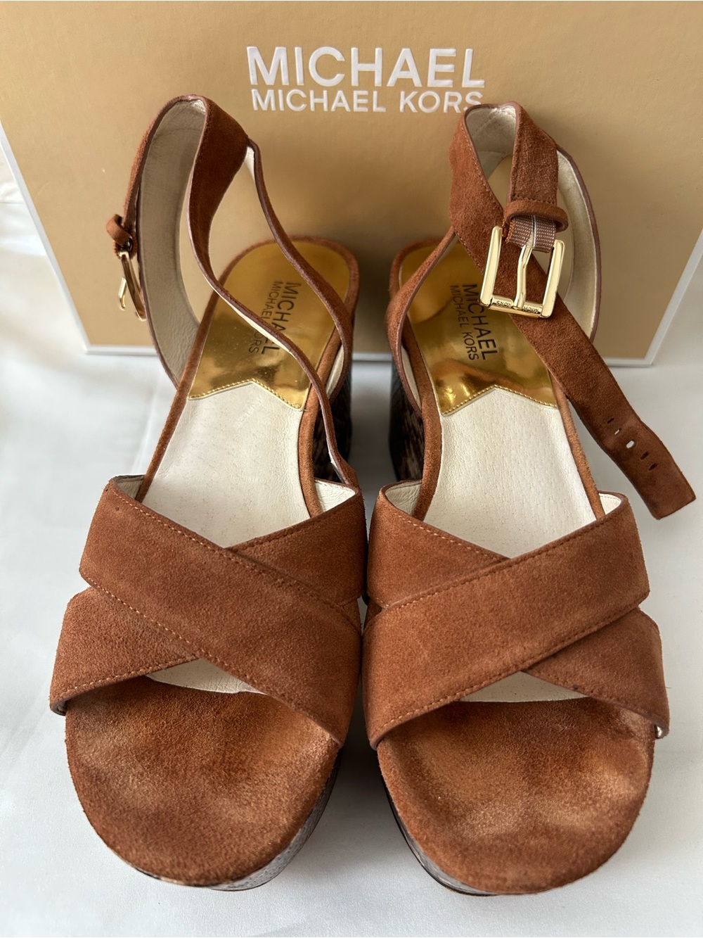 🤎Michael Kors🤎Brown Suede w/Python Print ~ Crisscross Wedge Flatform Sandals EUC